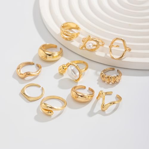 Airvess Gold Knuckle Rings for Women Trendy, Vintage Stackable Rings 14k Gold Plated Rings Sets Dainty Joint Finger Midi Ring Cute Rings Pack Festival Jewelry Gift - style: Chunky - 10Pcs