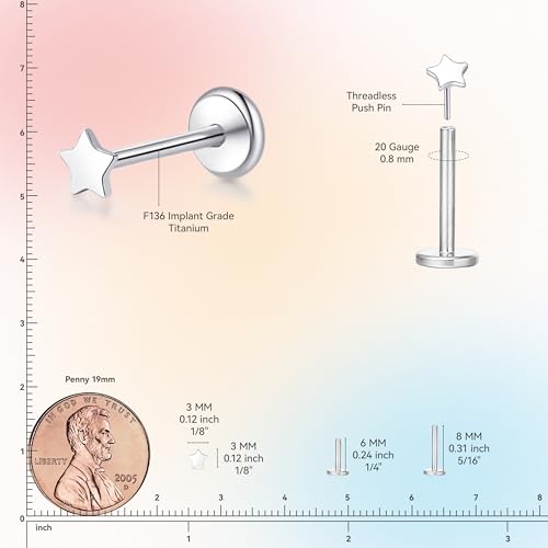 limerencia Titanium Threadless Flat Back Earrings Stud Piercing Jewelry | 20G Press Fit Titanium Push Pop in Cartilage Tragus Labret Lip Medusa Conch Piercing Jewelry Hypoallergenic for Women Men - style: Star Silver