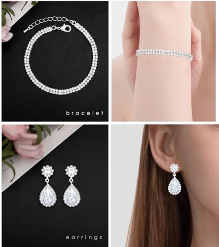Elegant Silver Crystal Wedding Necklace Earrings Bracelet Jewelry Set for Women Brides Bridesmaids Prom Party Costume Accessory Bridal Jewelry - color: silver-white