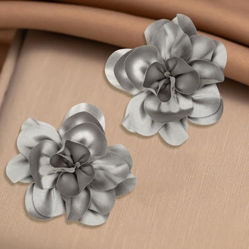 2Pack 6inch Extra Large Satin Brooches Lapel Pins Dainty Elegant Fabric Camellia Rose Flower Brooch Pin for Women Wedding Part Dance Clothes Accessories Jewelry - color: Grey