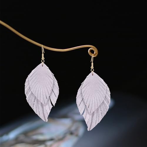 Handmade Bohemian Large Soft Genuine Leather Fringe Double Feather Dangle Drop Earrings Lightweight Simple Color PU Leaf Hook Earrings for Women - color: Purple
