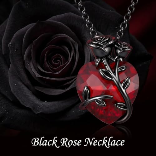 Gothic Necklace 18K Black Gold Plated Black Rose Rib Cage Heart Crystal Pendant Necklace Goth Skull Skeleton Jewelry Gifts for Women Halloween Gothic Party - color: Black Rose-B)