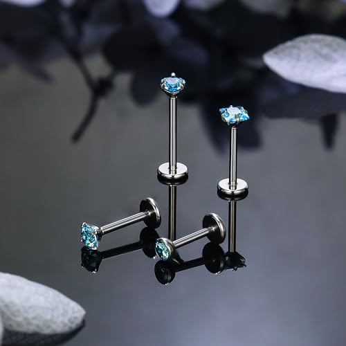Titanium Flat Back Lip Rings Internally Threaded Earrings Studs Nose Rings 20G 18G 16G Round Heart Square CZ Tragus Cartilage Lobe Rook Helix Conch Labret Medusa Piercing Jewelry for Women Men - color: Ocean Blue CZ, size: 20G-6/8/10mm