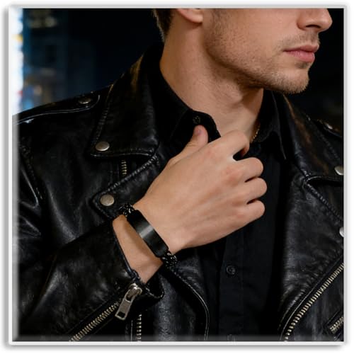 Xusamss Mens Cuban Link Bracelet Stainless Steel Double Layer Chain Jewelry Heavy Blank Bar Design Link Bracelet for Men - color: Black