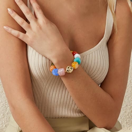 VIBILIA Chunky Beaded Bracelet for Women Multicolor Big Resin Acrylic Bead Elastic Stretch Bracelet, Trendy Statement Bracelets Boho Summer Beach Vacation Charm Jewelry - color: Square-Colorful