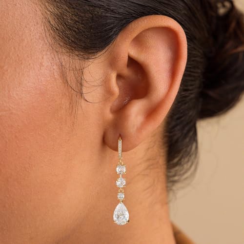 Dangle Earrings for Women Trendy, 14K Gold Plated CZ Huggie Drop Earrings, Dainty Long Chain Prom Wedding Jewelry Gift for Her - style: Teardrop CZ