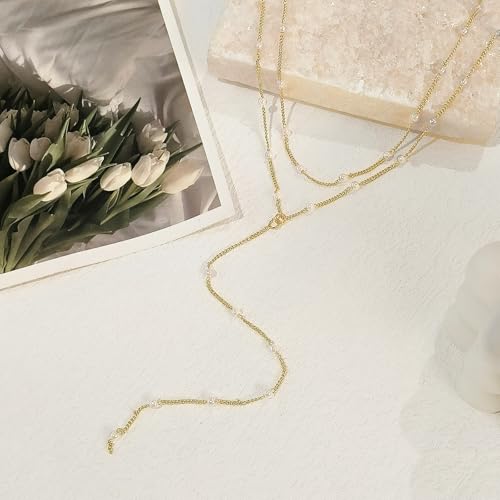 LULII Gold Necklace for Women Trendy Lariat Y Necklace Dainty 14k Gold Plated/Silver Long Necklaces for Women Layered Beaded Drop Necklaces Simple Y-Shaped Chain Jewelry Gifts - color: Y Layered Pearl Necklace-Gold