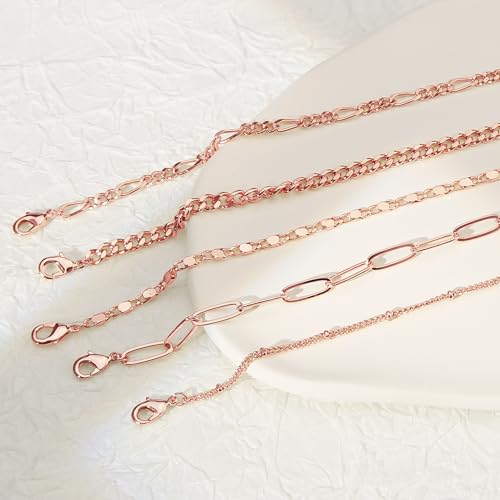 Gokeey Ankle Bracelets for Women Waterproof, 14k Gold Plated Jewelry Set Layered Cuban Figaro Link Chain Anklets Set Gold Anklets Summer Boho Beach Jewelry Gift Adjustable Size - color: Rose Gold