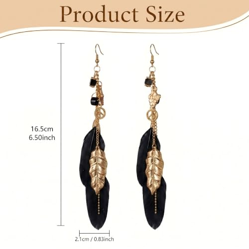 FRESHME Native American Earrings for Women - Ethnic Boho Feather Dangle Jewelry with Tessel for Birthday Party Photoshoot - color: Black