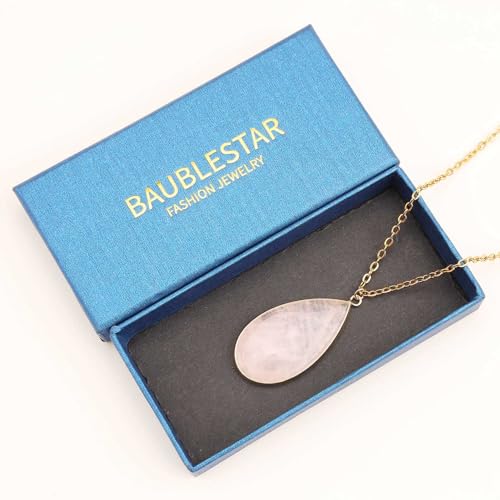 BaubleStar Teardrop Natural Crystal Healing Stone Pendant Necklace | Birthstone Quartz Necklace for Women, Multi-Color Available - color: Pink