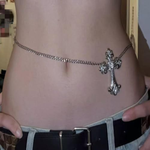 Silver Rhinestone Cross Waist Chain Body Chain, Vintage Gothic Style, Adjustable, 40 Inch