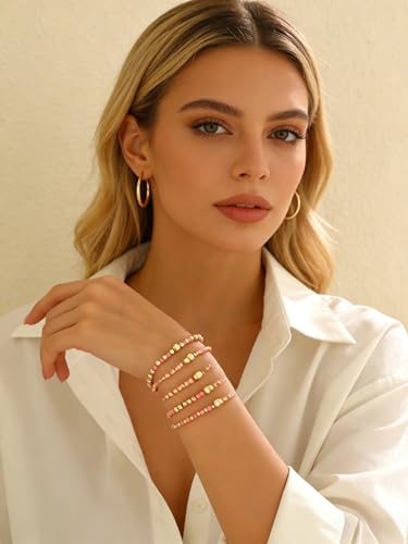 LOTSOF Bohemia Multilayer Beaded Bracelet Set, Turquoise Resin Colorful Surfer Heishi Style Elastic Spring Clasp Friendship Elastic Wristbands Summer Beach Boho Vacation Jewelry - color: Pink
