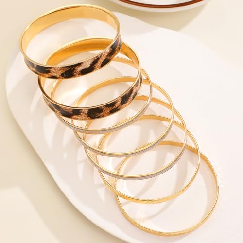 Gold Bangle Bracelets for Women, 14k Gold Plated Multi Layer Textured Stackable Open Bracelet Set Boho Indian Bangles Stackable Set Trendy Elegance Charms Non Tarnish Minimalist Bangle Pack - style: Leopard 7Pcs