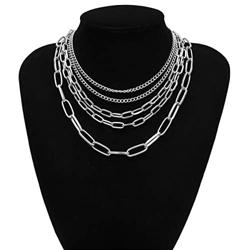 Layered Chain Necklaces for women 18 Inch Gold Plated Paperclip Chain Silver Tone Choker Necklace Rope Ball Chains Punk Jewelry - style: Silver 5-layer Chains