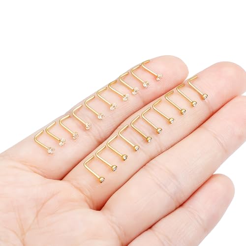 Hoeudjo Nose Studs Surgical Steel Cubic Zirconia Nose Rings Kit for Women Men Tiny Nose Stud Screw & Bone & L Shaped Nostril Piercing Jewelry 24-18 Gauge 20 Pieces Set - color: gold-tone,L-shaped nose studs, size: 20g/2.0mm clear CZ
