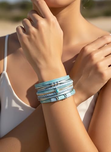 Edoneery Leather Wrap Bracelets for Women, Boho Layered Cuff Bangle | Multi-layer Leather Cuff, Daily wear, Stackable Bangle, Easy on-off, Western Jewelry Gifts for Women - color: Blue-2
