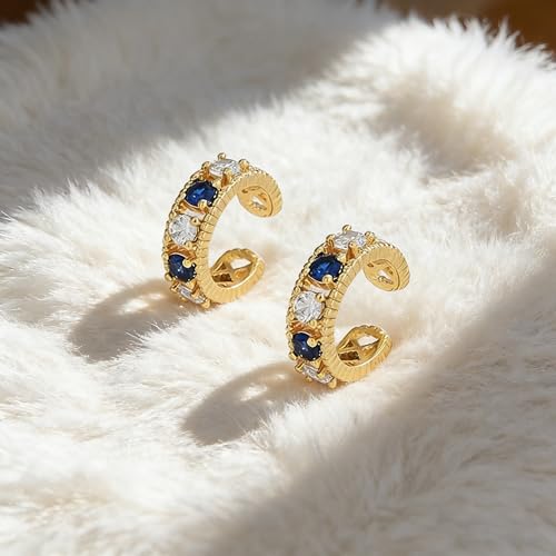 Bemoly Ear Cuff Earrings for Women 14K Gold Plated Cubic Zirconia Dangle Huggie Ear Cuffs Non Piercing | Clip On Cartilage - style: D-Blue CZ-Pair