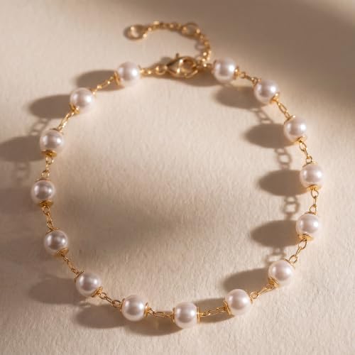 MEVECCO Dainty Chain Bracelets for Women, Layered and Charm Styles | 14K Gold Plated Brass, Select Cubic Zirconia Accents, Single and Multi-Row Structures for Refined Everyday Wristwear - style: Pearl Station