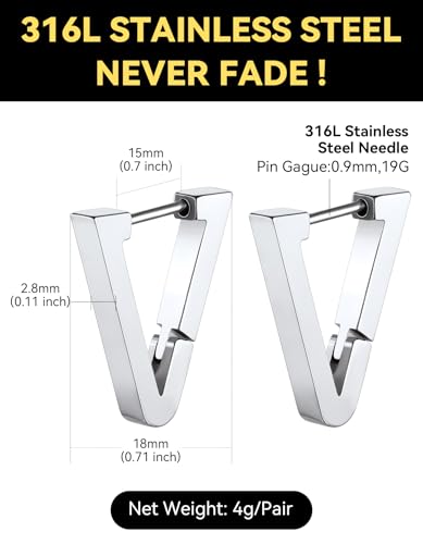 ChainsHouse Stud Earrings for Men Women,316L Stainless Steel/14K Gold/Black Plated Metal, Punk Hypoallergenic Surgical Huggie Hoop Earrings Mens Jewelry Piercing Hoop Earrings - style: A: Silver-Triangle(1 Pair)