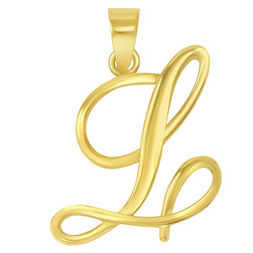 Jewelry America Solid 14k Yellow Gold Elegant Script Letter Cursive Initial Pendant - A to Z - style: L