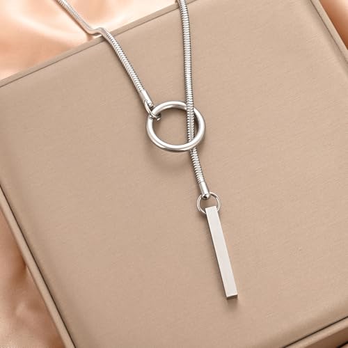 Heart O Ring Slip Chain Choker Necklace for Women Men Stainless Steel Cuban Chain Y-shape Necklaces Punk Rock Collar Adjustable Lariat Y Necklace Prom Necklaces Jewelry - color: Silver snake