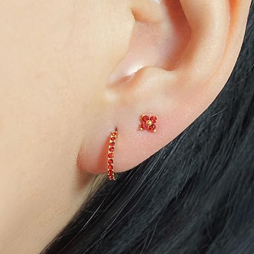 QueenBee 14K Gold Plated Ivy Flower Birthstone Stud Earrings for Women Dainty Floral Gemstone Studs Unique Jewelry Gift for Her - color: Jan-Garnet