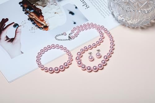 Faux Pearl Jewelry Set for Women, 3 Piece Necklace Bracelet Earrings | Glass Material, Adjustable Comfortable Fit, Party & Prom Accessory - style: Pink 16 inches