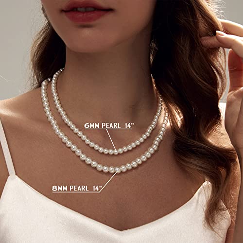 Zeffy Pearl Necklace 4MM/6MM/8MM Dainty Round Imitation Pearl Choker Necklace Wedding Pearl Necklace Delicate Jewelry for Women Simple Bridesmaid Jewelry Gifts - style: 6mm+8mm Silver Pearl Necklace(14"+2")