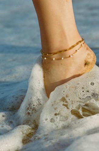 Waterproof Ankle Bracelets for Women Gold Anklets Non Tarnish Pearl/Figaro/Cuban/Snake Chain Anklet Adjustable Anklets for Womens Summer Beach Anklet Foot Jewelry for Women Gift - color: Pearls-Silver