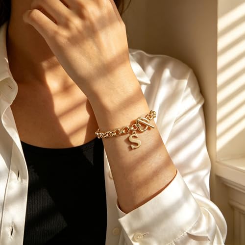 14K Gold Plated Stainless Steel A-Z Alphabet Letter Heart Bracelet | Non-Tarnish Dainty Charm with a Romantic Toggle Clasp Daily Fashion Jewelry, 7-inch Rolo Chain, Personalized Gift for Her - color: S