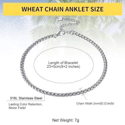 ChainsHouse Ankle Bracelets for Women, Stainless Steel Beaded Chain Ankle Bracelet, Womens Heart Anklets for Summer Beach Jewelry Gifts - color: O: wheat-3mm-stainless