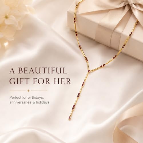 Gold Y Necklace for Women with Red Cubic Zirconia Dainty Lariat Chain, Minimalist Jewelry Gift for Her For Wedding, Anniversary, Birthday, Graduation, Party, Holiday