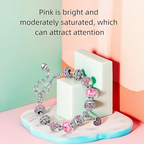 Pink Hearts Silver Plated Charm Bracelet, DIY Jewelry for Women with Beads, Charms, and Adjustable Snake Chain, Fits 7.5"+1.5" - color: Pink, size: 18cm
