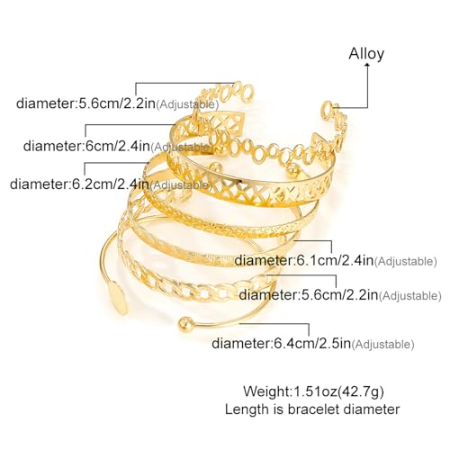 IFKM Gold Bangle Bracelets For Women, 14k Gold Plated Multi Layer Stackable Cuff Bracelet Set, Trendy Elegance Charms Non Tarnish Minimalist Textured Boho Jewelry Gift for Women - style: 6pcs Hollow love five-pointed star