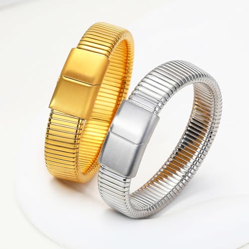 Gold Chunky Stretch Snake Chain Bangle Bracelets Stack for Women Trendy, 18K Gold Filled Stainless Steel Stretchy Womens Stackable Wristband Bangles Bracelet Set - style: 1PC SILVER 16MM