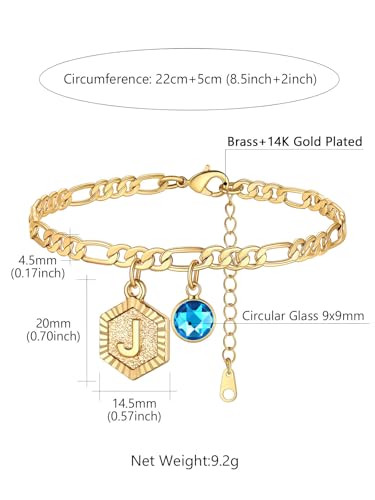 Custom4U Personalized Initial Ankle Bracelets for Women 14K Gold Plated Dainty CZ Birthstone Hexagon Letter Initial Anklets for Women Adjustable Silver/Gold Foot Chain Summer Beach Jewelry Gifts - color: Gold Hexagon-J