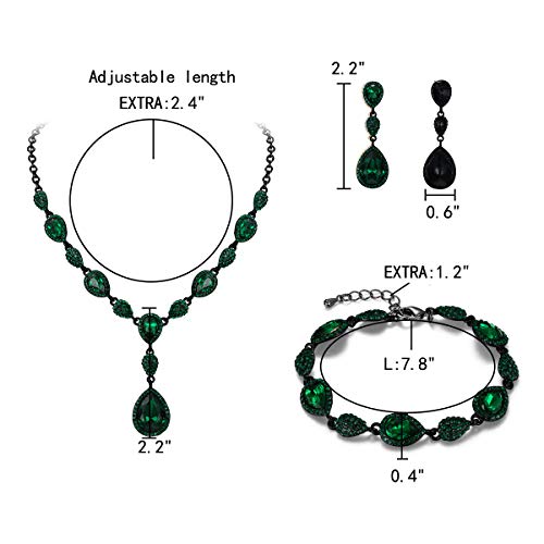 EleQueen Women's Wedding Bridal Jewelry Sets for Brides Bridesmaids, Cubic Zirconia Teardrop Necklace Tennis Bracelet Dangle Earrings Jewellery Set - color: 11-Emerald Color Black-Tone