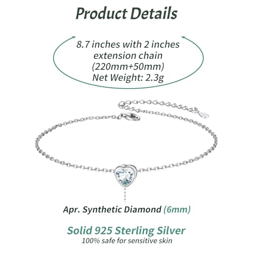 ChicSilver 925 Sterling Silver Anklets for Women, Simple Dainty Round/Heart Birthstone Ankle Bracelet Beach Foot Jewelry, 8.7-10.7 Inch Adjustable - color: 04. Heart - April(Diamond)
