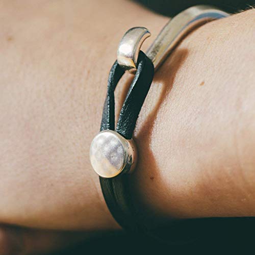 Designed By Stacey Handmade Genuine Black Leather Cuff, Unique Stackable Bangle Bracelet, Hammered Silvertone Metal Jewelry, Gifts for Women, Birthday, Anniversary, Mother's Day