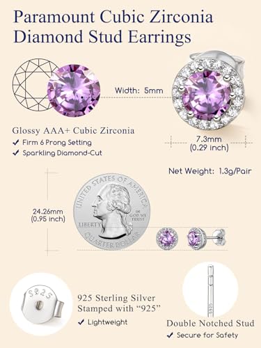 Suplight 925 Sterling Silver Birthstone Stud Earrings for Women, Round/Heart/Teardrop/Square Crystal Diamond Earrings for Women, Dainty Birthday Gifts Jewelry - color: style a-06. round-June(Created Alexandrite)