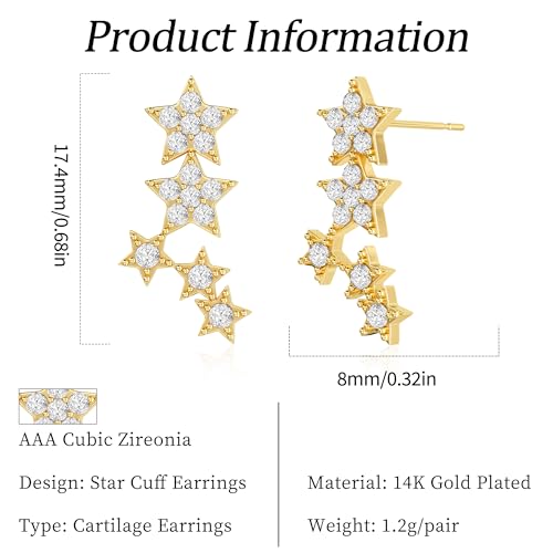 Star 14K Gold Plated Ear Cuff Earrings for Women Non Piercing, Dainty Silver Plated Clip on Cartilage Ear Cuff Non Pierced Trendy CZ Northstar Starburst Sparkling Climber Clawer Earring Jewelry - style: Cluster-2