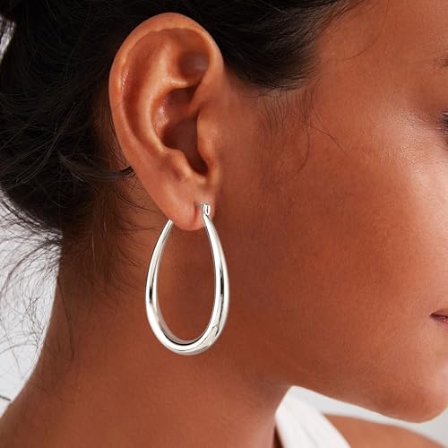Gacimy Chunky Hoop Earrings for Women, 14K Gold Plated Oval Hoop Earrings with 925 Sterling Silver Post - color: Silver, size: 40mm