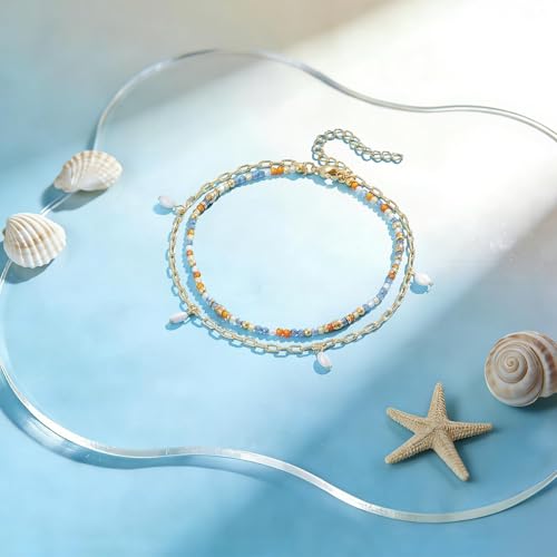 KissYan Beaded Anklets for Women, Seed Beads Layered Ankle Bracelets | Zirconia Anklet with 14K Gold Plated Link Chain, Adjustable Summer Bead Foot Chain, Sparkling Handmade Jewelry Gift - color: Blue