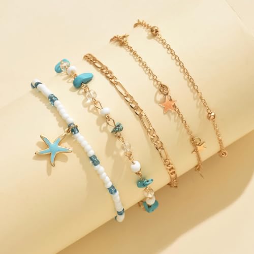 Ankle Bracelets for Women Gold Anklet Set Boho Vacation Gift | Gold anklet set for women 5 styles with matching gift pouch.Boho adjustable non-tarnish jewelry.Perfect present idea. - color: Starfish