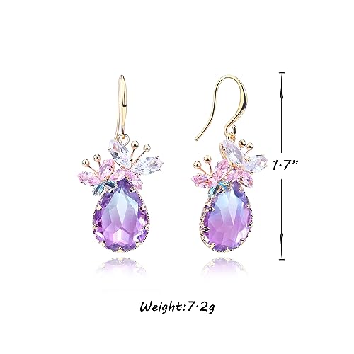 Crystal Teardrop Earrings CZ Butterfly Earrings Gold Dangle Earrings Jewelry Gift for Women - color: Purple..