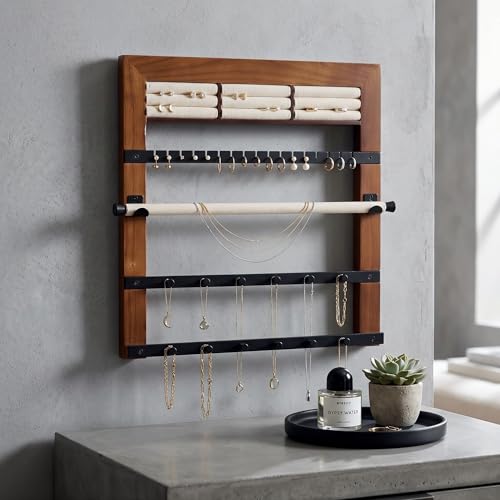 Hives and Honey Tori Wall Hanging Jewelry Rack – Wall-Mounted Organizer with Ring Rolls, Earring Slots, Bracelet Bar & Necklace Hooks, Anti-Tarnish Linen, Walnut - color: Walnut