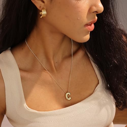 Ewrkbrㅤ Initial Necklaces for Women, 14k Gold Plated Bubble Letter Necklace Chunky Gold Necklace Dainty Charm Initial Necklaces for Women Trendy Custom Preppy Stocking Stuff Necklace Christmas Gifts - color: Gold, style: C