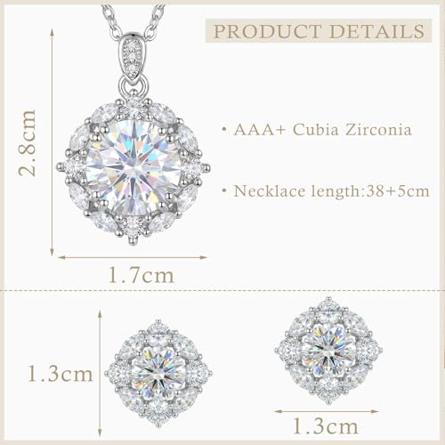 Cubic Zirconia Necklace and Earrings Set for Women 14K White Gold Plated Bridesmaid Silver Jewelry Set for Women Pendant Necklace Hypoallergenic Stud Earrings Set Jewellery Gift for Mom Wife Bride Bridesmaid - color: White-Round Shape