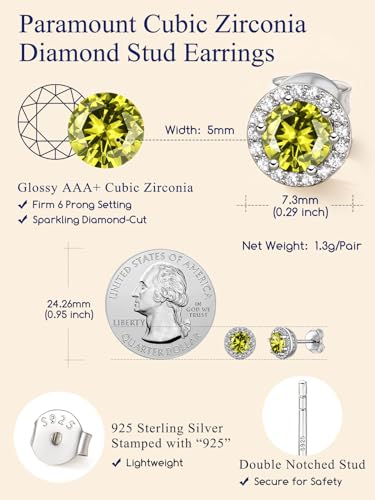 Suplight 925 Sterling Silver Birthstone Stud Earrings for Women, Round/Heart/Teardrop/Square Crystal Diamond Earrings for Women, Dainty Birthday Gifts Jewelry - color: style a-08. round-August(Created Peridot)