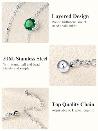 U7 Silver Ankle Bracelet for Women, Waterproof Layered Ankle Round Gem Birthstone Anklets, Summer Beach Foot Jewelry, Adjustable 8.5"-10.5" - color: 05.May-Emerald Green